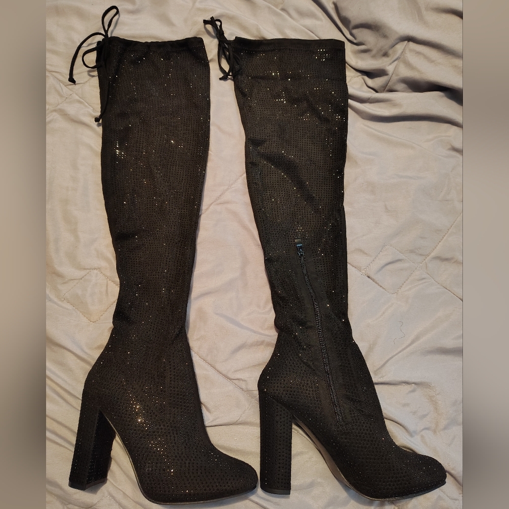 Rhinestone Over The Knee Black Boots - Picture 3 of 6